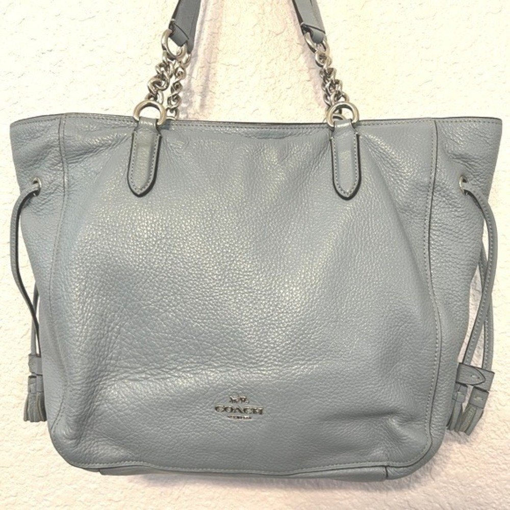 Coach L Blue Leather Tote Shoulder Bag Purse Chain Strap Tassels